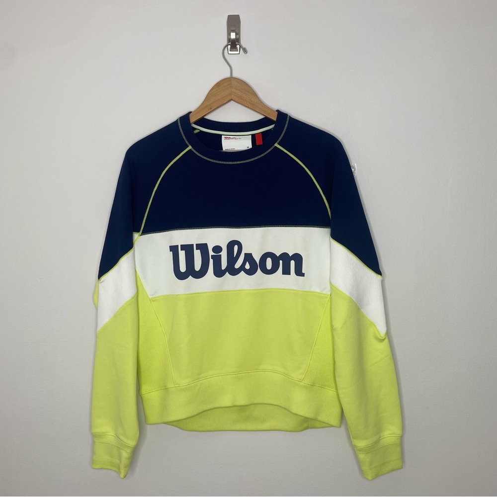 Wilson Sweatshirt Womens M Tennis Crewneck Blue Neon Yellow Logo Spell out Prepp